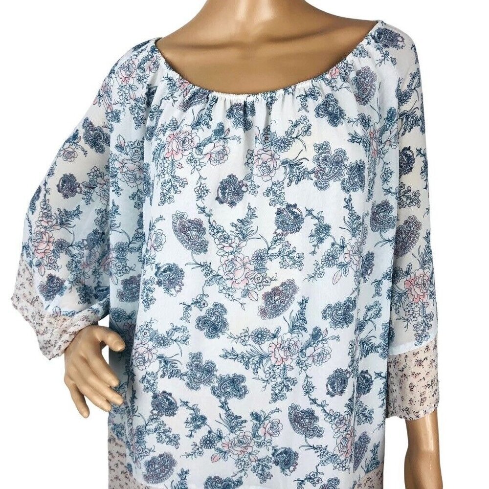 Black Rainn Plus 2X Boho Pastel Floral Print Tunic Top 3/4 Sleeve Shirt Blouse - Picture 2 of 6